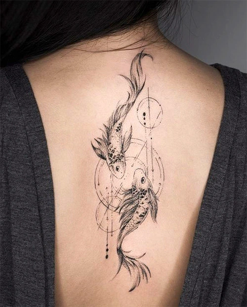 Fine line geometric koi fish back tattoo by Maral in Richmond Hill