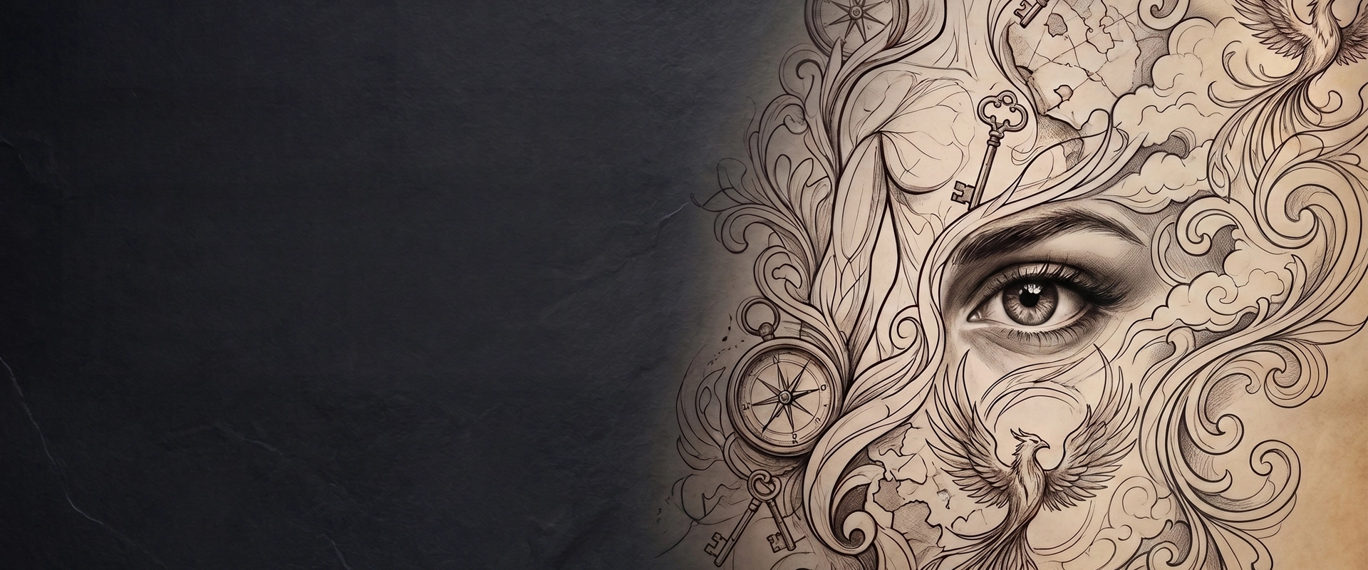 Fine line tattoo illustration of an eye surrounded by keys, a compass and phoenix filigree