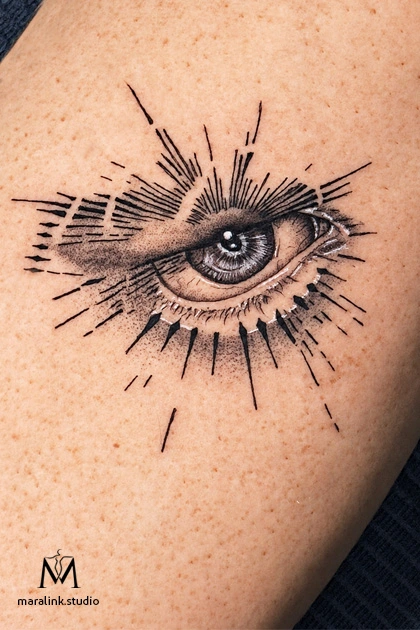 Fine line realism eye tattoo — body tattoo by Maral at Maralink Studio, Richmond Hill