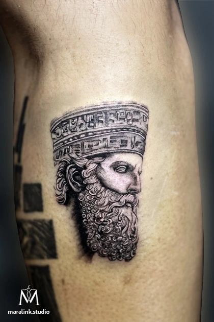 Persian king portrait — body tattoo by Maral at Maralink Studio, Richmond Hill