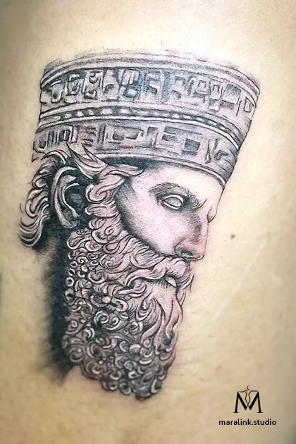 Finished black and grey realism Persian king tattoo by Maral in Richmond Hill