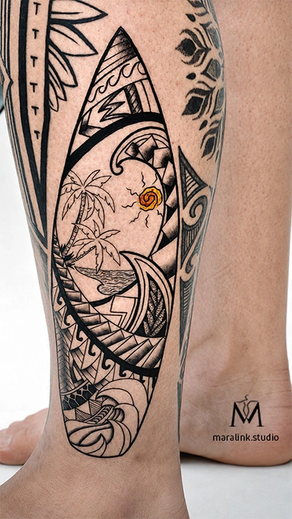 Polynesian tribal calf tattoo — body tattoo by Maral at Maralink Studio, Richmond Hill