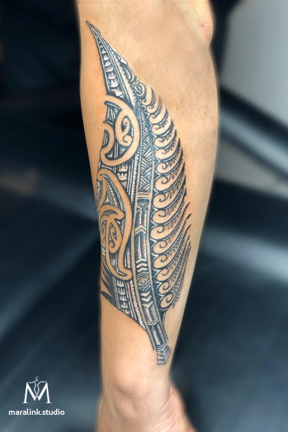 Polynesian tribal leaf — body tattoo by Maral at Maralink Studio, Richmond Hill
